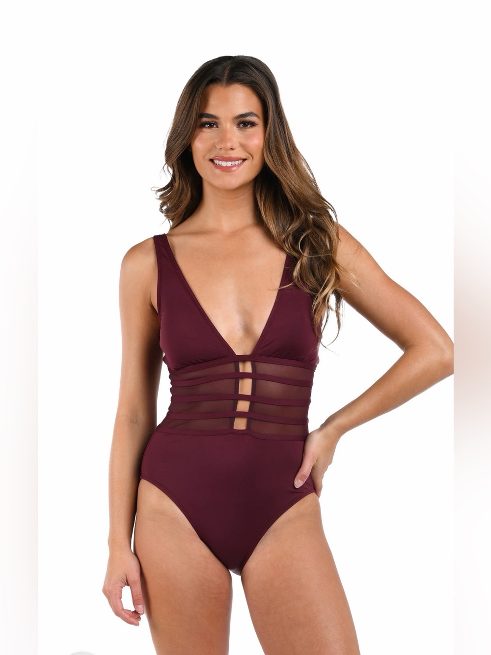 La Blanca Island Goddess Over Shoulder Mesh One-Piece Swimsuit Sz 12 Dark Cherry